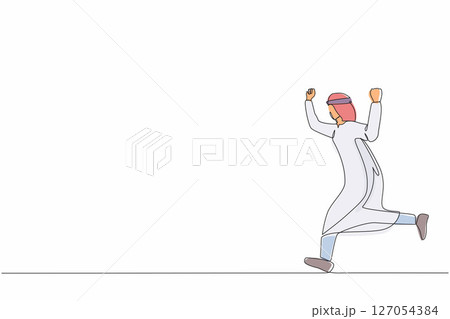 Single one line drawing happy Arabian businessman running. Business concept. Late for work. Successful man run for work. Business people. Modern continuous line draw design graphic vector illustration 127054384