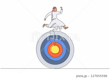 Single one line drawing Arabian businessman move forward with goals. Man running on target. Business competition to success. Marketing career. Continuous line draw design graphic vector illustration Single one line drawing Arabian businessman move forward with goals. Man running on target. Business competition to success. Marketing career. Continuous line draw design graphic vector illustration 127054390