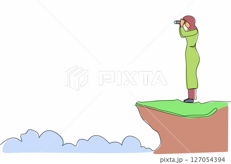 Single one line drawing Arabian businesswoman looking in binoculars standing on cliff. Business vision concept, leadership, achievement, target. Continuous line draw design graphic vector illustration Single one line drawing Arabian businesswoman looking in binoculars standing on cliff. Business vision concept, leadership, achievement, target. Continuous line draw design graphic vector illustration 127054394