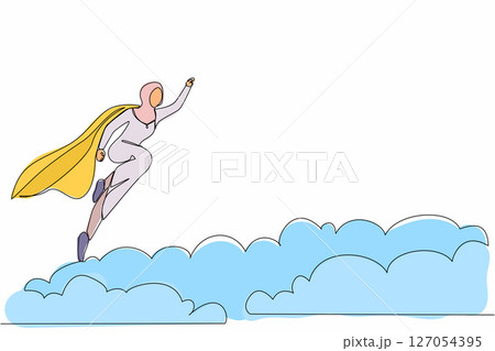 Single one line drawing super Arabian businesswoman flying up from cloud. Business leadership. Business finance success concept. Creative idea. Continuous line draw design graphic vector illustration Single one line drawing super Arabian businesswoman flying up from cloud. Business leadership. Business finance success concept. Creative idea. Continuous line draw design graphic vector illustration 127054395