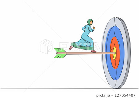 Single one line drawing ambition Arab businesswoman run to bullseye with dart. Reach target success. Business metaphor. Successful business concept. Continuous line design graphic vector illustration Single one line drawing ambition Arab businesswoman run to bullseye with dart. Reach target success. Business metaphor. Successful business concept. Continuous line design graphic vector illustration 127054407