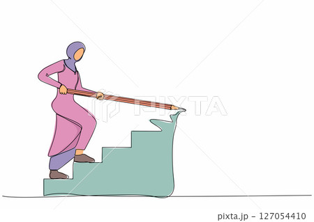 Single one line drawing Arabian businesswoman use huge pencil to draw rising up stairs, walk climbing up ladder. Strategy reach business target, career path achievement. Continuous line design vector Single one line drawing Arabian businesswoman use huge pencil to draw rising up stairs, walk climbing up ladder. Strategy reach business target, career path achievement. Continuous line design vector 127054410