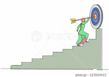 Continuous one line drawing Arabian businesswoman with arrow running toward her goal, path to achieving high goal, through stairs, steps of achievement. Single line design vector graphic illustration 127054415