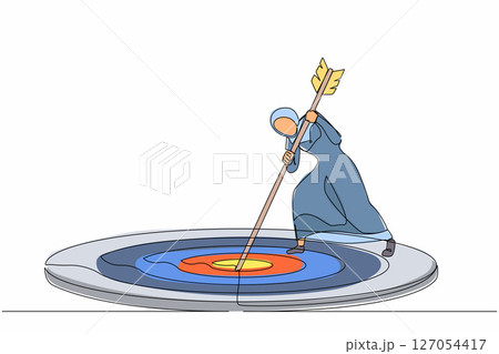 Single one line drawing focus marketing target strategy, Arabian businesswoman mark goal with arrow. Woman holding arrow, hit target on ground. Achieving goals. Continuous line design graphic vector Single one line drawing focus marketing target strategy, Arabian businesswoman mark goal with arrow. Woman holding arrow, hit target on ground. Achieving goals. Continuous line design graphic vector 127054417