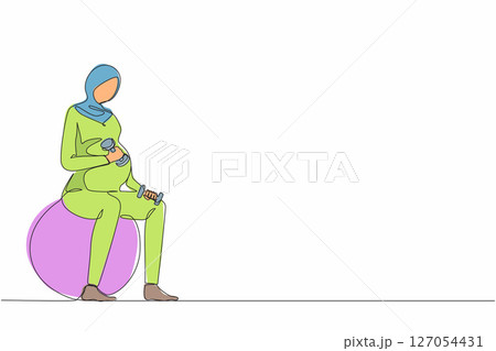 Single continuous line drawing beautiful Arabic pregnant woman exercises with fitball working out with light weights in the gym. fitness, pregnancy concept. One line graphic design vector illustration Single continuous line drawing beautiful Arabic pregnant woman exercises with fitball working out with light weights in the gym. fitness, pregnancy concept. One line graphic design vector illustration 127054431