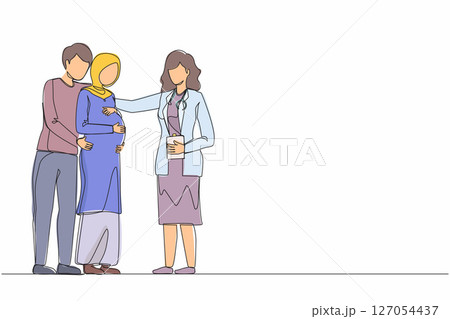 Continuous one line drawing prenatal medicine. Arabian pregnant woman with husband and female doctor. Medical worker in uniform. Consultation, recommendations of physician. Single line design vector Continuous one line drawing prenatal medicine. Arabian pregnant woman with husband and female doctor. Medical worker in uniform. Consultation, recommendations of physician. Single line design vector 127054437