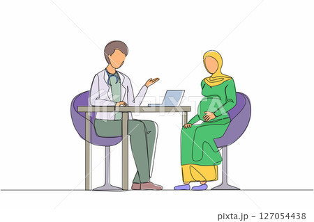 Single one line drawing Arabian pregnant woman on consultation with doctor. Pregnancy and maternity. Happy female character expecting for baby. Continuous line draw design graphic vector illustration 127054438