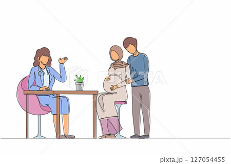 Single one line drawing Arabian Moslem family expecting child visiting doctor isolated. Physician consulting pregnant woman with husband. Modern continuous line draw design graphic vector illustration Single one line drawing Arabian Moslem family expecting child visiting doctor isolated. Physician consulting pregnant woman with husband. Modern continuous line draw design graphic vector illustration 127054455
