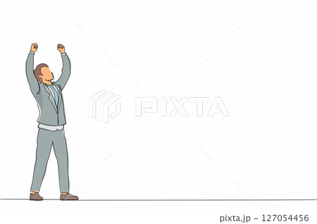 Single one line drawing young businessman standing and raising hands or arms. Successful guy. Career goal. Victory sign or symbol. Winner pose. Continuous line draw design graphic vector illustration Single one line drawing young businessman standing and raising hands or arms. Successful guy. Career goal. Victory sign or symbol. Winner pose. Continuous line draw design graphic vector illustration 127054456