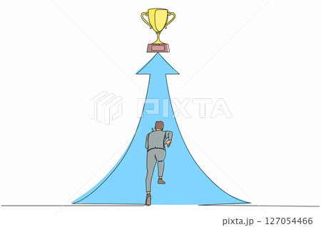 Single continuous line drawing reach for trophy. Businessman runs to target. Man working for goal, success, development, ability, victory, motivation. One line draw graphic design vector illustration Single continuous line drawing reach for trophy. Businessman runs to target. Man working for goal, success, development, ability, victory, motivation. One line draw graphic design vector illustration 127054466