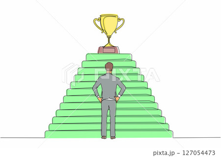Single continuous line drawing businessman standing in front of staircase with trophy cup on the top. Path to success, goal, business vision. Dynamic one line draw graphic design vector illustration 127054473