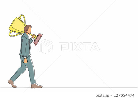 Single one line drawing businessman carry big trophy cup for winner as symbol of victory. Business concept of success and competition. Modern continuous line draw design graphic vector illustration 127054474