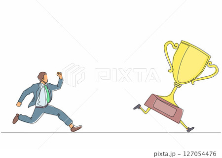 Single continuous line drawing businessman trying to catch trophy. Man running and chasing after run away winner cup. Business challenge metaphor. Dynamic one line graphic design vector illustration 127054476