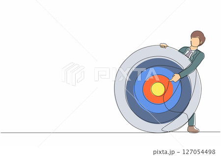 Continuous one line drawing businessman holding archer target or dashboard pointing at bullseye. Focus on business target, setting goal for motivation. Single line design vector graphic illustration 127054498