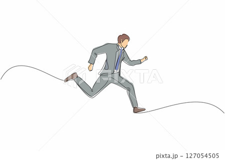 Single one line drawing businessman running. Business concept. Late for work. Successful man in a suit run for work. Business people. Modern continuous line draw design graphic vector illustration 127054505