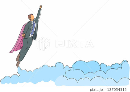Single continuous line drawing businessman flying in the sky like superhero. Successful businessman flies up through the sky. Business startup concept. one line draw graphic design vector illustration Single continuous line drawing businessman flying in the sky like superhero. Successful businessman flies up through the sky. Business startup concept. one line draw graphic design vector illustration 127054513