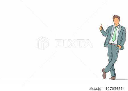 Continuous one line drawing excited businessman dressed in formal wear showing thumbs up sign and leaning against the wall. Deal, like, agree, approve, accept. Single line draw design vector graphic Continuous one line drawing excited businessman dressed in formal wear showing thumbs up sign and leaning against the wall. Deal, like, agree, approve, accept. Single line draw design vector graphic 127054514