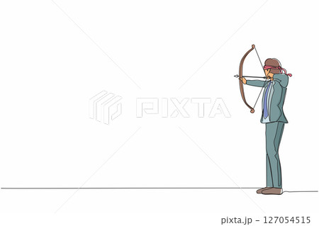 Single continuous line drawing blindfolded businessman shooting arrow. Missed the target. Businessman trying to shoot target with blindfold. Dynamic one line draw graphic design vector illustration 127054515