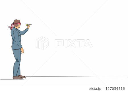 Single one line drawing confused businessman blindfold throwing dart. Unclear target or blind business vision, leadership failure or mistake aiming goal. Continuous line draw design graphic vector 127054516