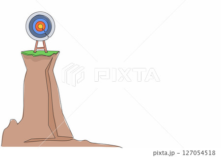 Single continuous line drawing archery target ring with arrows hitting bullseye on cliff. Dartboard on tripod. Goal achieving concept. Business success strategy symbol. One line graphic design vector Single continuous line drawing archery target ring with arrows hitting bullseye on cliff. Dartboard on tripod. Goal achieving concept. Business success strategy symbol. One line graphic design vector 127054518