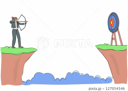Single one line drawing businesswoman standing on cliff with archer in hand. Business target goals. Woman forced to successful. Shooting target with bow, arrow. Continuous line design graphic vector Single one line drawing businesswoman standing on cliff with archer in hand. Business target goals. Woman forced to successful. Shooting target with bow, arrow. Continuous line design graphic vector 127054546
