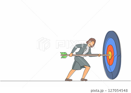 Single one line drawing businesswoman hold arrow in hand to target, achievement goal. Aim in business concept. Aspirational people. Mission achieved. Modern continuous line draw design graphic vector 127054548