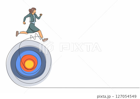 Continuous one line drawing businesswoman move forward with goals. Businesswoman running on target. Business competition to success. Marketing career. Single line design vector graphic illustration 127054549