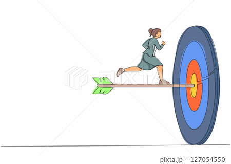 Single continuous line drawing ambition businesswoman run to bullseye with dart. Reach target success. Business metaphor. Successful business concept. One line draw graphic design vector illustration 127054550