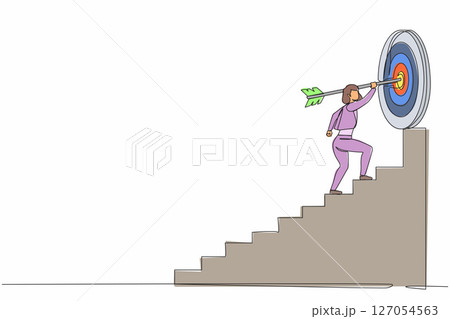 Continuous one line drawing businesswoman with arrow running toward her goal, motivation advancing, path to achieving high goal, through stairs, steps of achievement. Single line design vector graphic 127054563