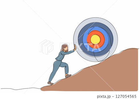 Single one line drawing businesswoman push up big target to mountain. Salary woman pushing giant target upwards so very difficult. Goal too big can be difficult. Continuous line design graphic vector 127054565