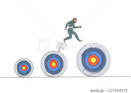 Single continuous line drawing businesswoman jumping up higher target career goals. The business next target. Planning and successful. Business metaphor. Dynamic one line draw graphic design vector 127054572