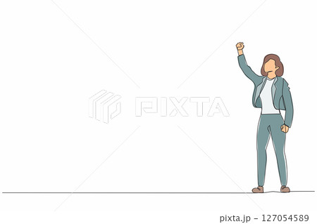 Single continuous line drawing businesswoman executive celebrate her successful, raising hands with clenched fists up over head. Success and vision concept. Dynamic one line draw graphic design vector 127054589