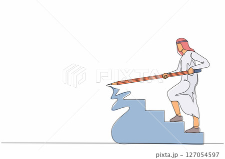 Single continuous line drawing Arab businessman use huge pencil to draw rising up stairs, walk climbing up ladder. Strategy reach business target, career path achievement. One line draw design vector Single continuous line drawing Arab businessman use huge pencil to draw rising up stairs, walk climbing up ladder. Strategy reach business target, career path achievement. One line draw design vector 127054597