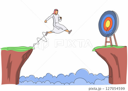 Continuous one line drawing Arab businessman jumping over cliff to reach target. Success move while taking risk. Entrepreneur challenges, motivation, personal growth. Single line design vector graphic Continuous one line drawing Arab businessman jumping over cliff to reach target. Success move while taking risk. Entrepreneur challenges, motivation, personal growth. Single line design vector graphic 127054599