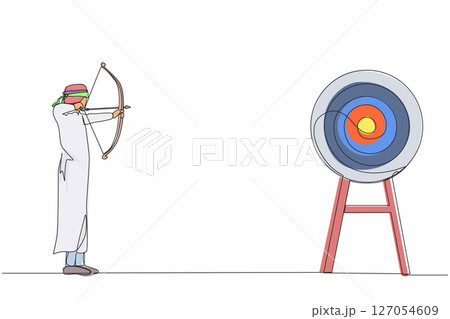 Single one line drawing Arab businessman trying to shoot target with blindfold. Trying to achieve goal without vision. Blindfold man holding bow arrow looking for target. Continuous line design vector 127054609