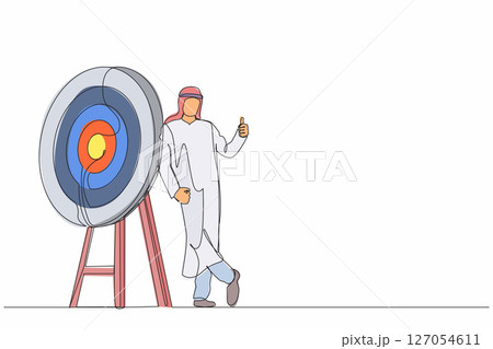 Continuous one line drawing Arabian businessman or manager is standing or leaning the target with thumbs up gesture. Arrow hit the target exactly. Single line draw design vector graphic illustration Continuous one line drawing Arabian businessman or manager is standing or leaning the target with thumbs up gesture. Arrow hit the target exactly. Single line draw design vector graphic illustration 127054611