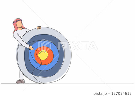Single one line drawing Arab businessman holding archer target or dashboard pointing at bullseye. Focus on business target, setting goal for motivation. Continuous line draw design vector illustration 127054615