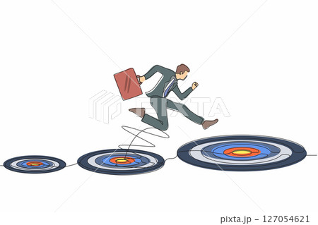 Single one line drawing businessman jumping on bigger target, successfully. Advancement in career or business growth concept. Aspiration and motivation. Continuous line draw design graphic vector Single one line drawing businessman jumping on bigger target, successfully. Advancement in career or business growth concept. Aspiration and motivation. Continuous line draw design graphic vector 127054621