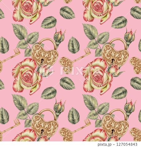 Yellow with pink Roses and Gold retro lock and key heart shaped seamless pattern on pink. For Wedding Cards, Valentine's Day, Birthday, Holidays, Invitations, packaging, textile. Yellow with pink Roses and Gold retro lock and key heart shaped seamless pattern on pink. For Wedding Cards, Valentine's Day, Birthday, Holidays, Invitations, packaging, textile. 127054843