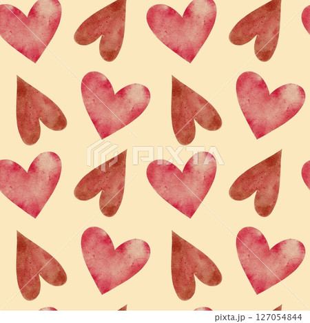 Red and pink hearts seamless pattern on yellow. Watercolor illustration for cards, packaging, textile, invitations, holidays Spring, birthday, Valentine's Day, wedding or Mother's Day. 127054844
