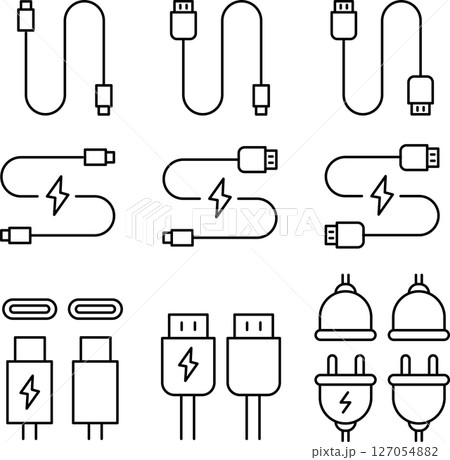 ケーブルと充電の線画アイコンセット ケーブルと充電の線画アイコンセット 127054882