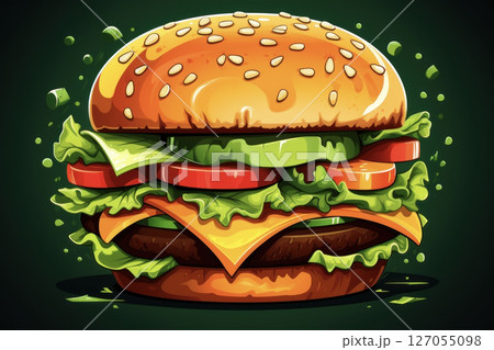 Cartoon appetizing burger on a dark background 127055098