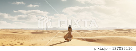 Girl in the desert on a light background 127055116