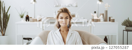 Portrait of a girl in a modern beauty salon on a light background Portrait of a girl in a modern beauty salon on a light background 127055287