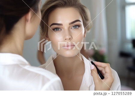 Portrait of a girl in a modern beauty salon on a light background 127055289