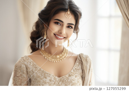 Portrait of an Indian girl bride on a light background 127055299
