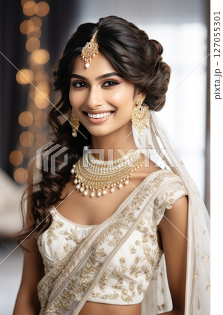 Portrait of an Indian girl bride on a light background 127055301