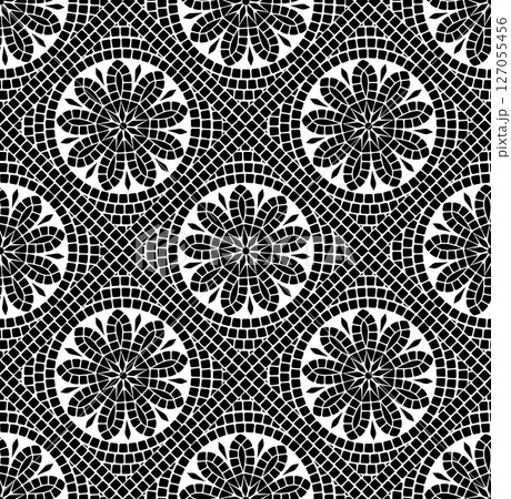 Seamless pattern of circular mosaic tiles featuring stylized floral designs  127055456