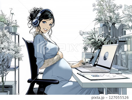 働く妊婦の女性のイラスト素材　デスクワーク 127055526