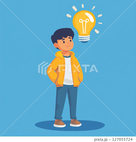 Cartoon Vector of a Smart Boy with Light Bulb Overhead Symbolizing a Great Idea 127055724
